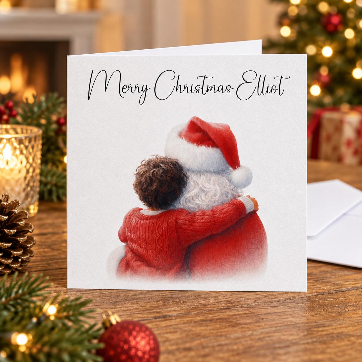 Personalised Santa Hug Christmas Card for a Boy | Dark Hair, Red Jumper | Any Name - Image 5