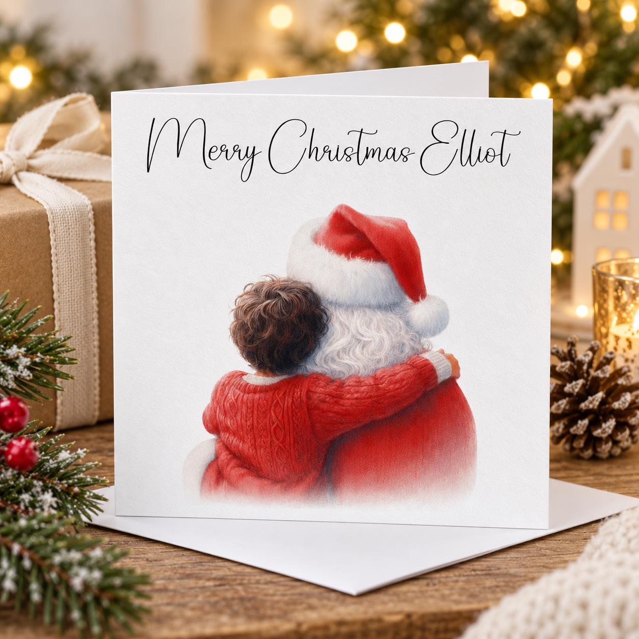 Personalised Santa Hug Christmas Card for a Boy | Dark Hair, Red Jumper | Any Name - Image 7