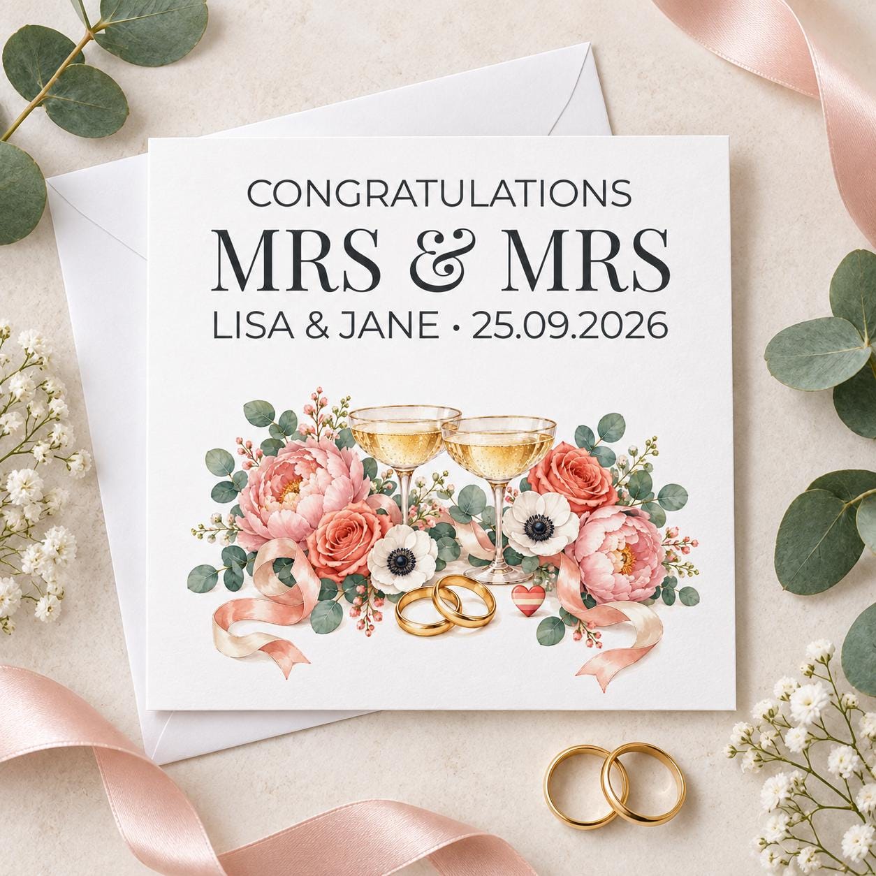 Personalised Mrs and Mrs Wedding Card | Floral Two Brides | Names & Wedding Date - Image 3