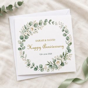 Personalised Anniversary Card | Eucalyptus & White Rose Wreath | Couple Names & Date