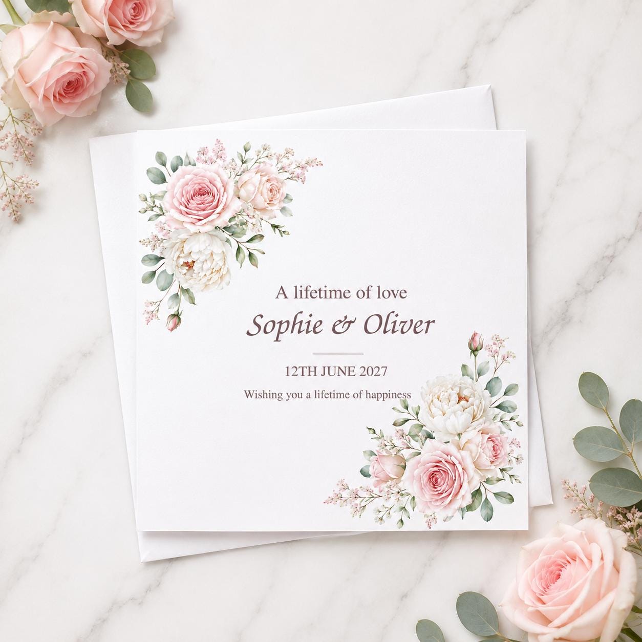 Personalised Wedding Card | Blush Pink Roses & Peonies | Names & Date - Image 2