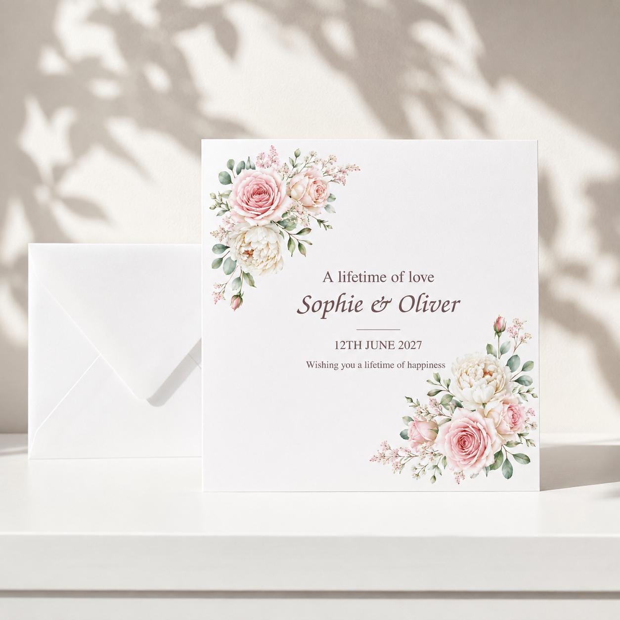 Personalised Wedding Card | Blush Pink Roses & Peonies | Names & Date - Image 6