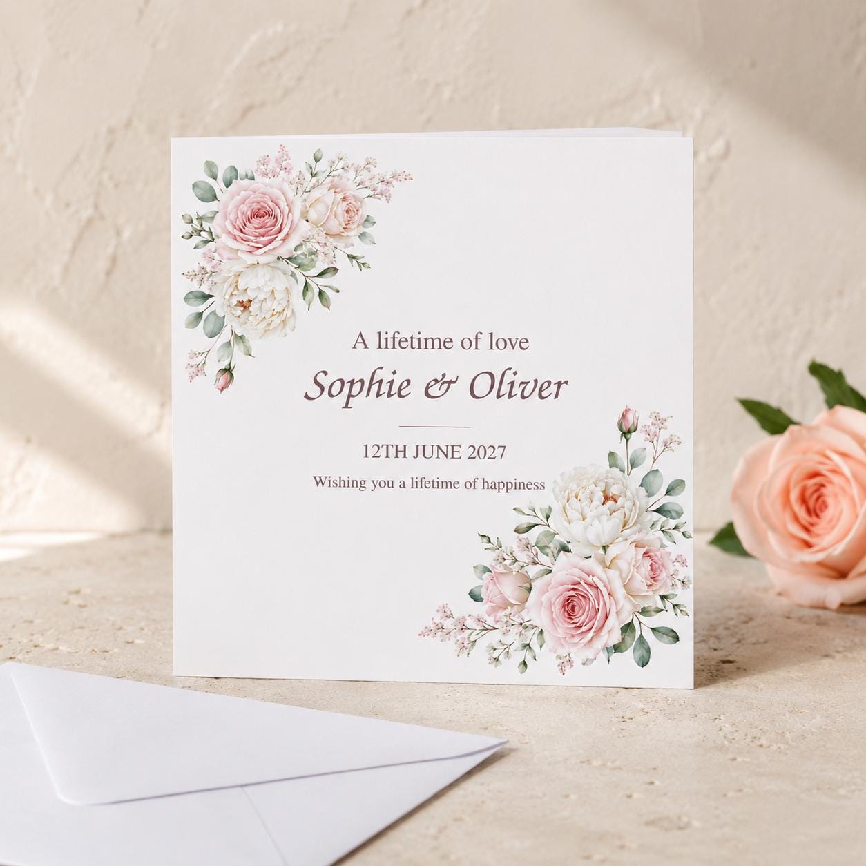 Personalised Wedding Card | Blush Pink Roses & Peonies | Names & Date - Image 8