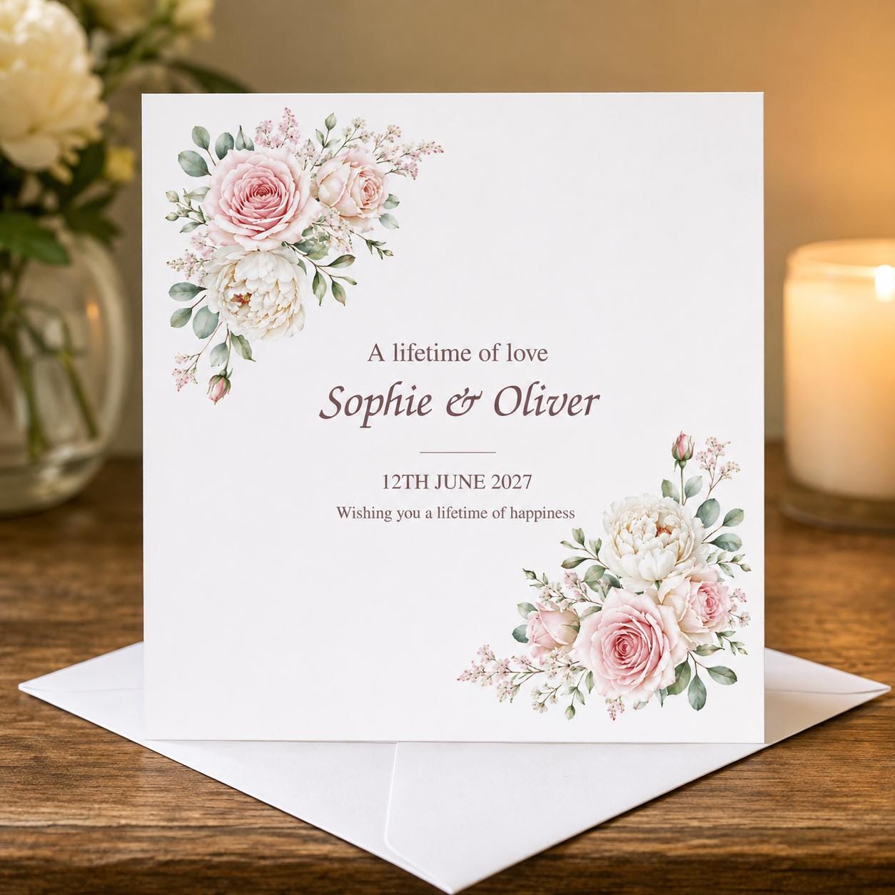 Personalised Wedding Card | Blush Pink Roses & Peonies | Names & Date - Image 5