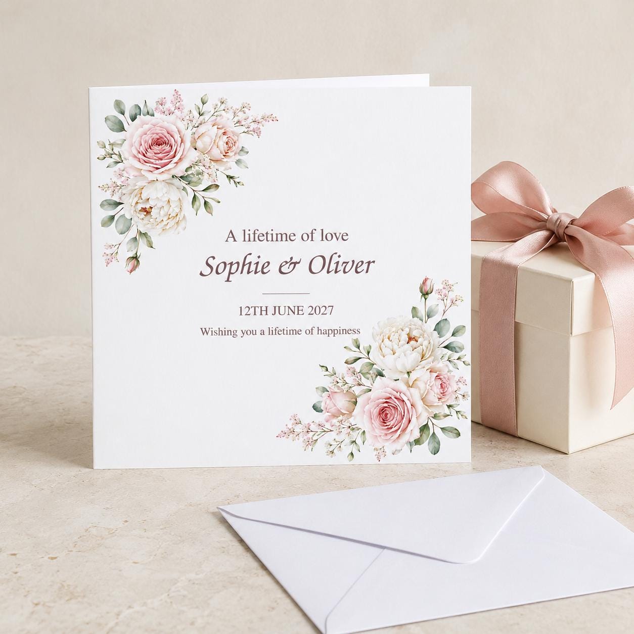 Personalised Wedding Card | Blush Pink Roses & Peonies | Names & Date - Image 3