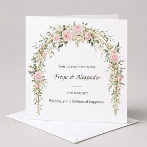 Personalised Wedding Card | Pink Rose Floral Arch | Names & Date