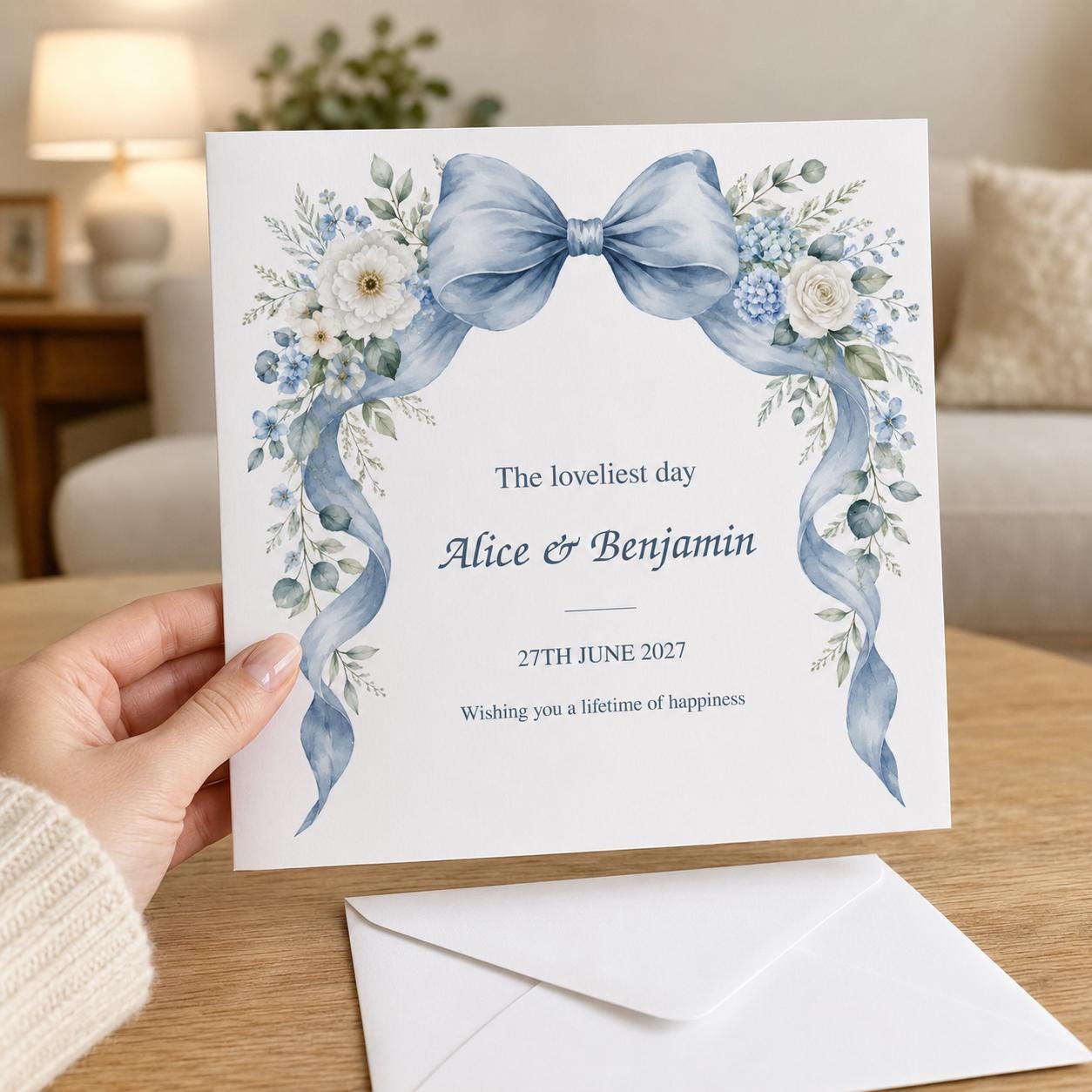 Personalised Wedding Card | Dusty Blue Bow & White Flowers | Names & Date - Image 4
