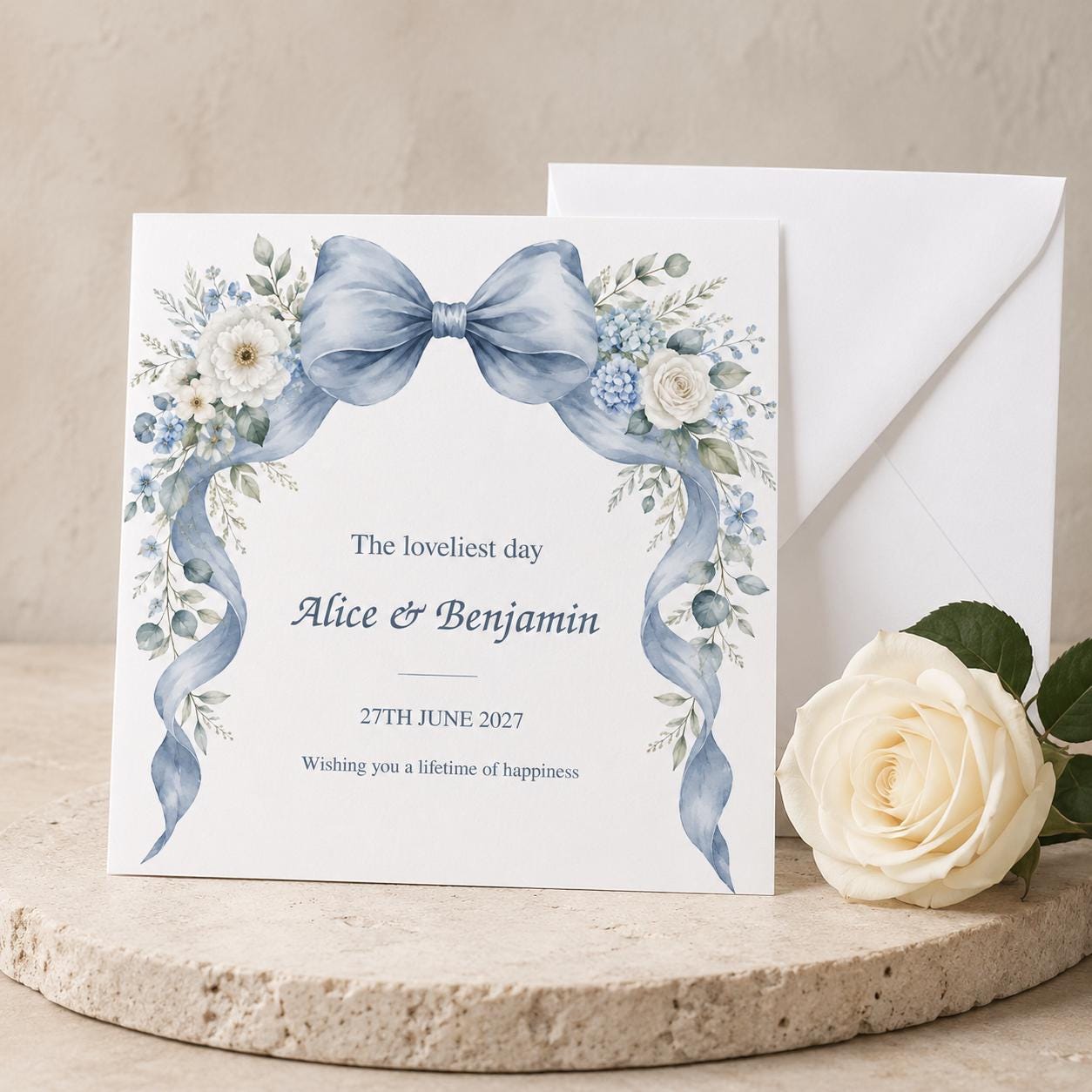 Personalised Wedding Card | Dusty Blue Bow & White Flowers | Names & Date - Image 6