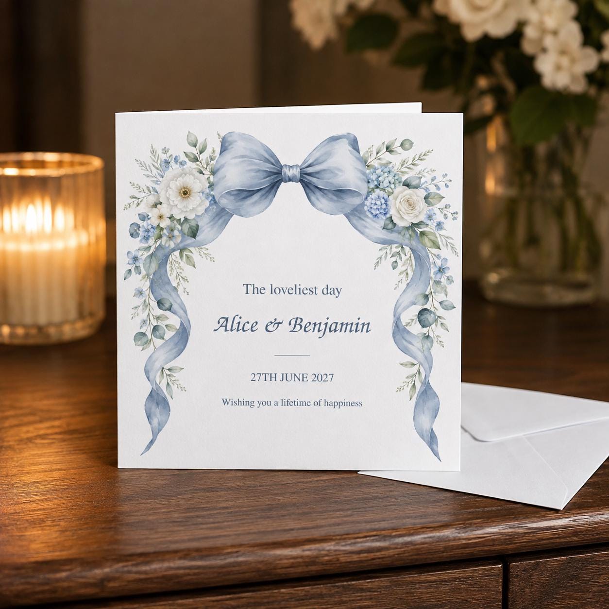 Personalised Wedding Card | Dusty Blue Bow & White Flowers | Names & Date - Image 8