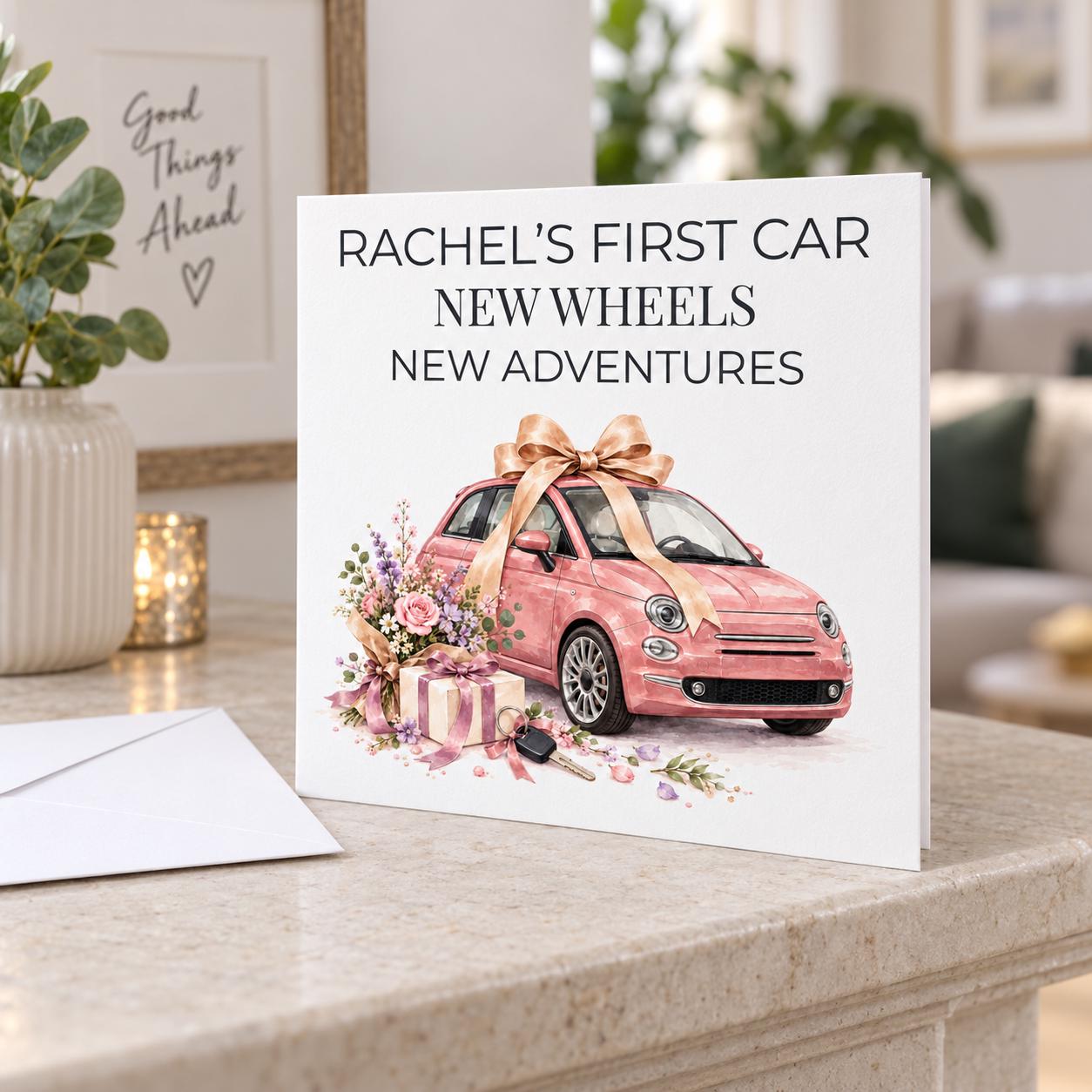 Personalised First Car Card for Her | Pink Car, New Car Congratulations | Any Name - Image 3