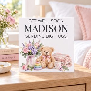 Personalised Get Well Card for a Girl | Sending Big Hugs, Teddy Bear | Any Name