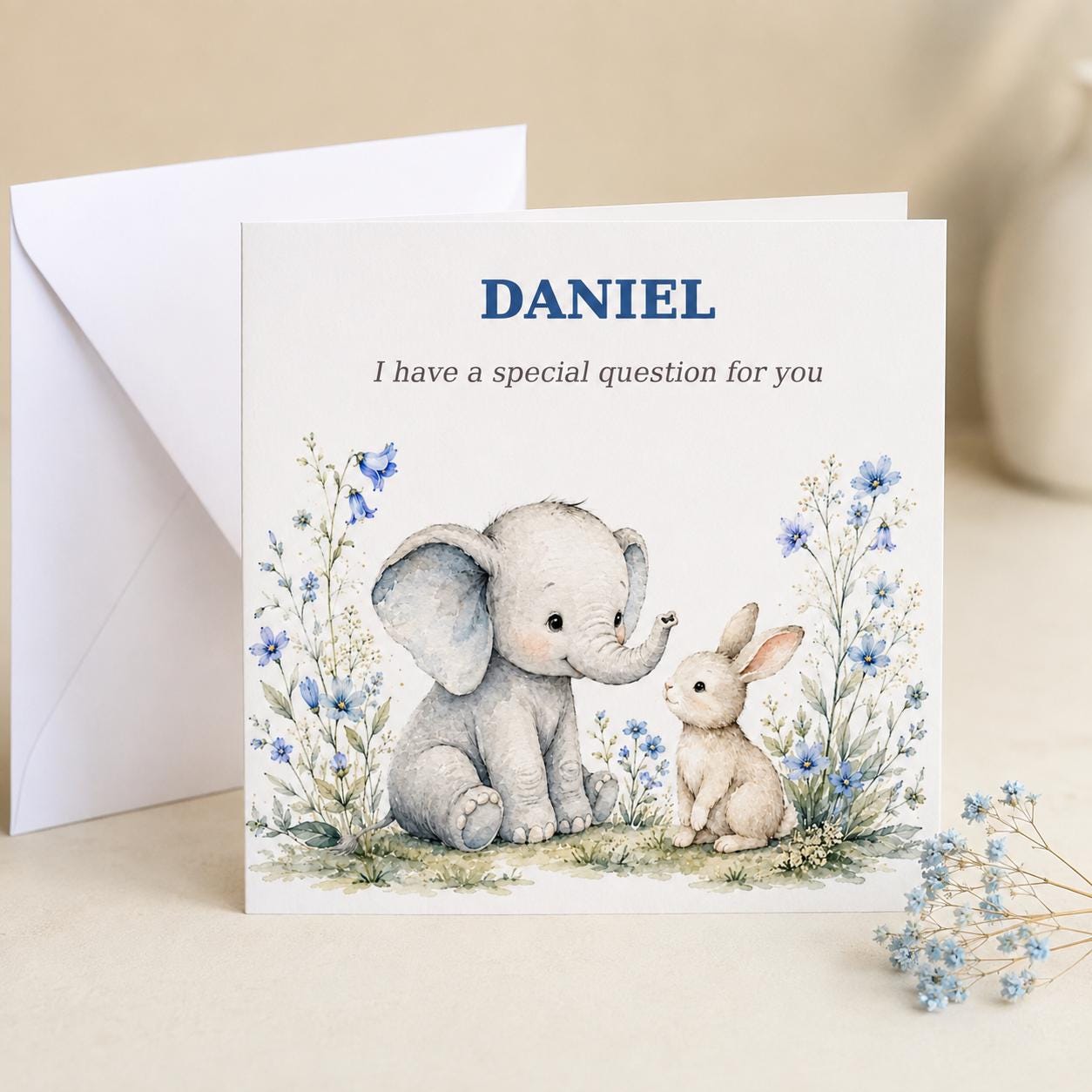 Personalised Godfather Proposal Card | Elephant & Bunny Blue Floral | Godfather & Baby Names - Image 2