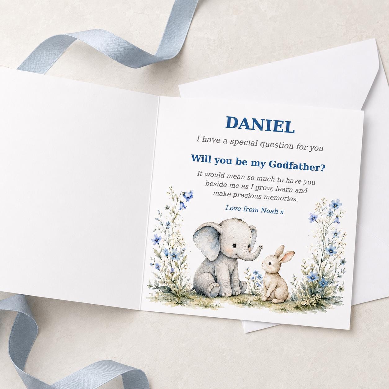 Personalised Godfather Proposal Card | Elephant & Bunny Blue Floral | Godfather & Baby Names - Image 10