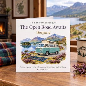 Personalised Scottish Campervan Retirement Card | Travel Adventure | Name & Date