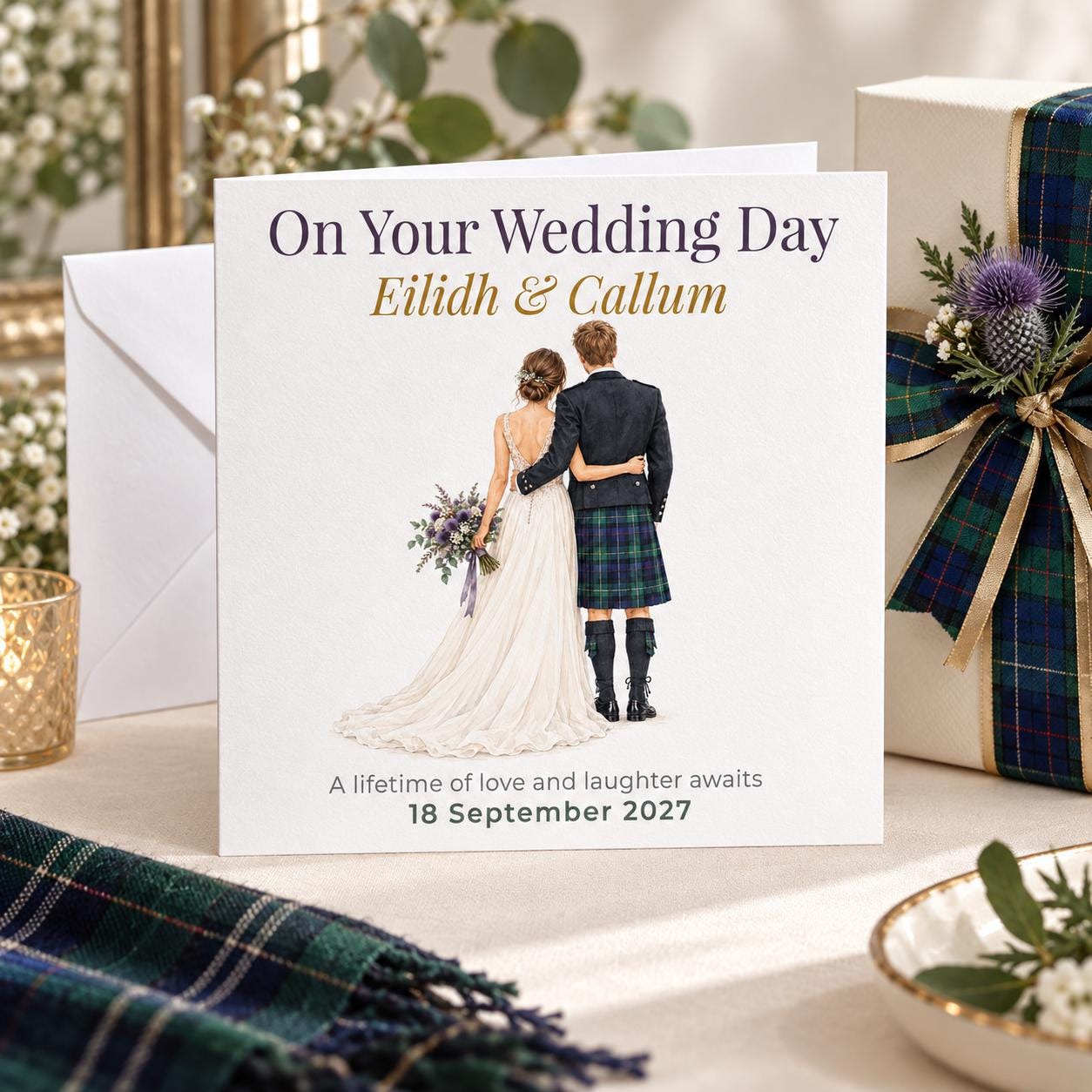 Personalised Scottish Wedding Card | Bride and Groom in Kilt | Names & Wedding Date - Image 5