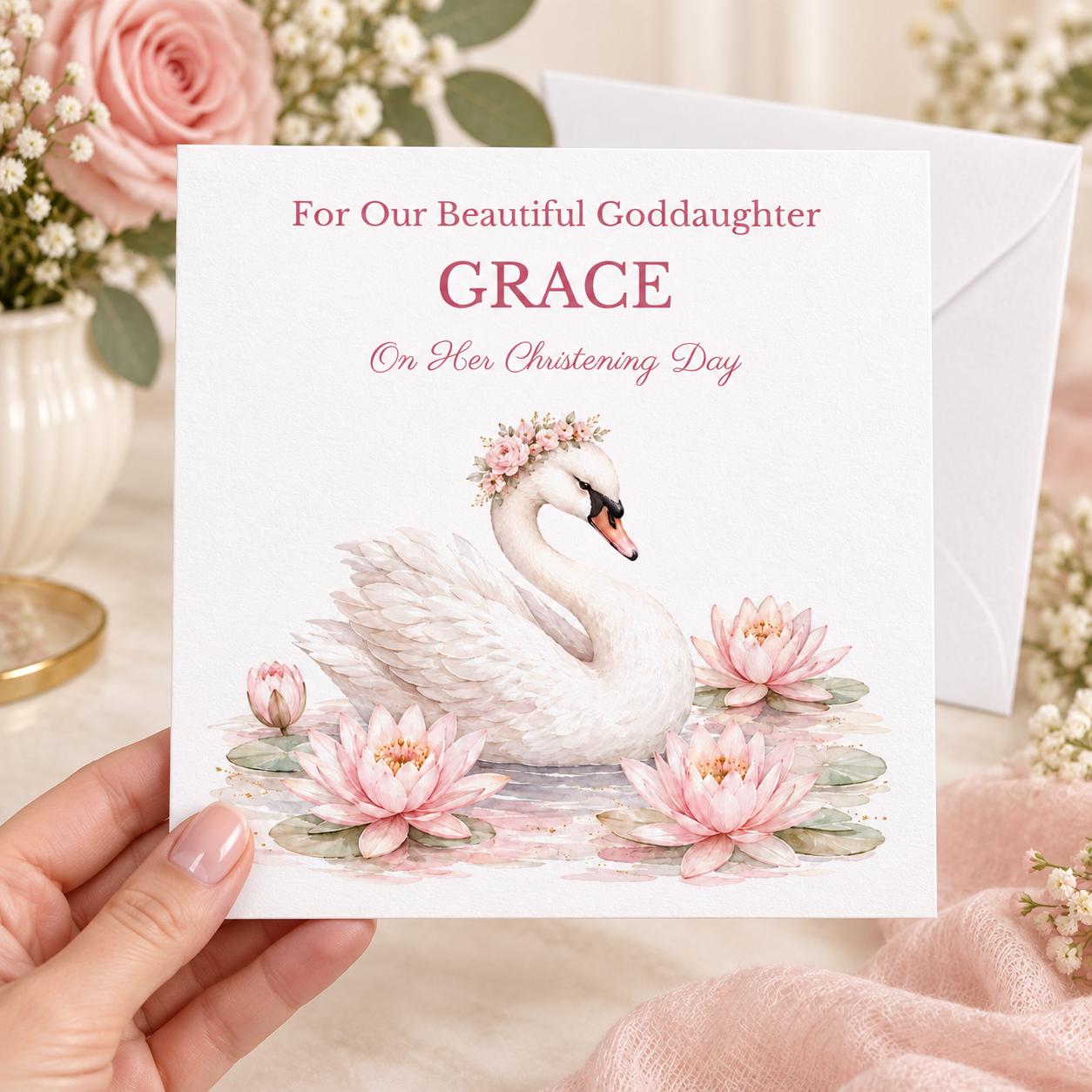 Personalised Christening Card for a Girl | Pink Swan | Name & Relation - Image 4