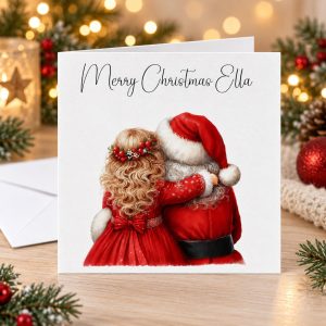 Personalised Santa Hug Christmas Card for a Girl | Blonde Curls, Red Dress | Any Name