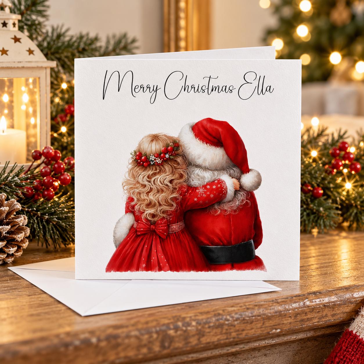 Personalised Santa Hug Christmas Card for a Girl | Blonde Curls, Red Dress | Any Name - Image 2