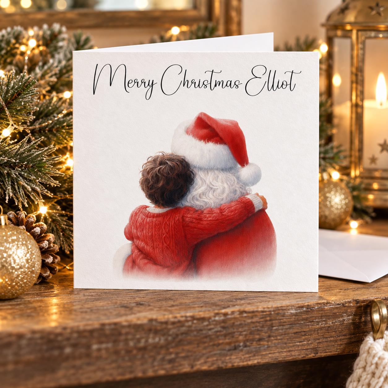 Personalised Santa Hug Christmas Card for a Boy | Dark Hair, Red Jumper | Any Name - Image 2
