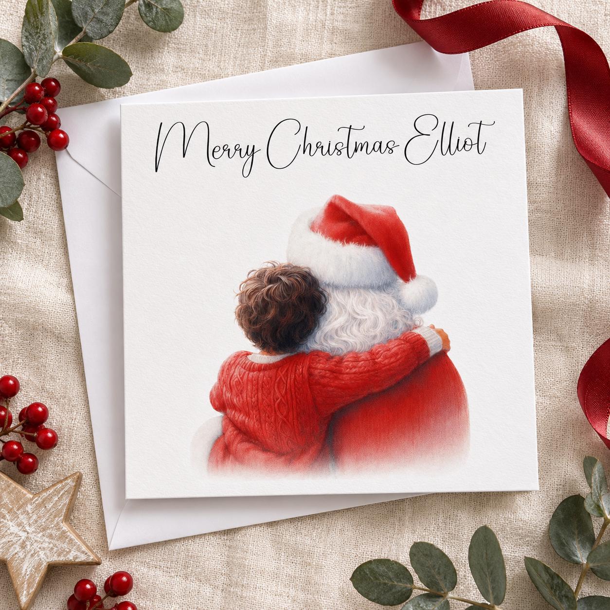 Personalised Santa Hug Christmas Card for a Boy | Dark Hair, Red Jumper | Any Name - Image 3