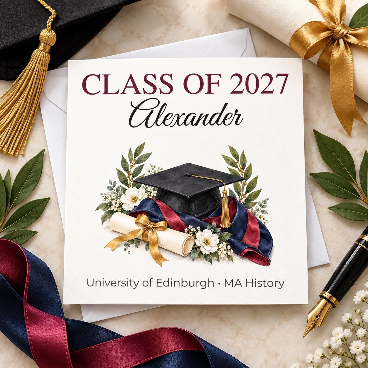 Personalised Graduation Card | University Colours | Name, Degree & Year, Him or Her