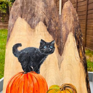 Kitten amongst the pumpkins - handpainted wood slice, wildlife and seasonal settings