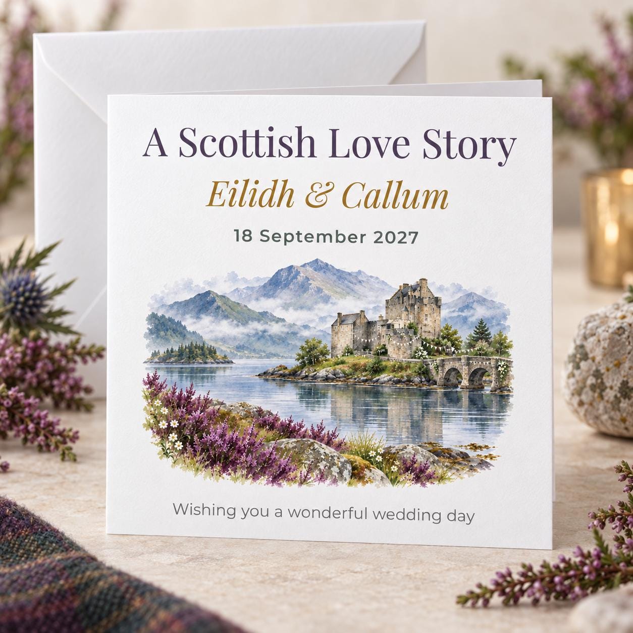 Personalised Scottish Castle Wedding Card | Highland Loch | Couple Names & Date