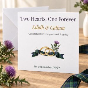 Personalised Scottish Wedding Card | Tartan Rings, Two Hearts One Forever | Names & Date