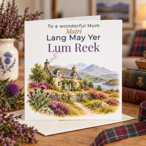 Personalised Scottish Birthday Card, Lang May Yer Lum Reek, Highland Cottage