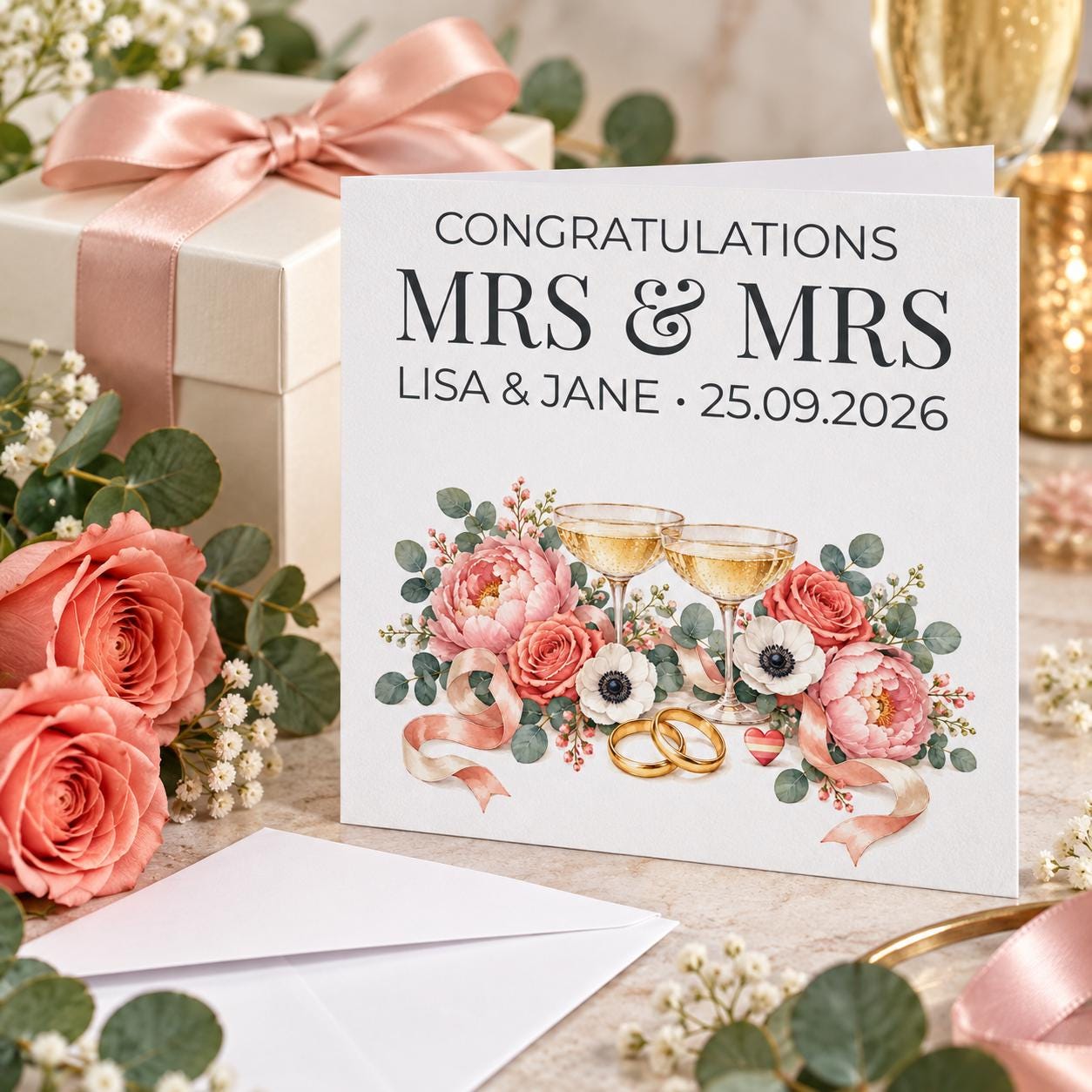 Personalised Mrs and Mrs Wedding Card | Floral Two Brides | Names & Wedding Date - Image 4
