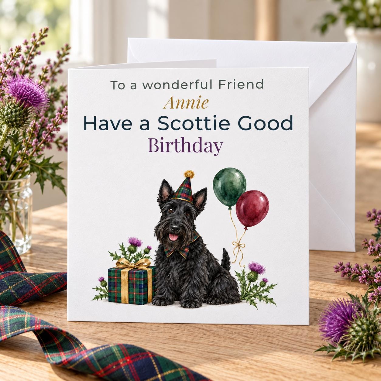 Personalised Scottie Dog Birthday Card, Scottish Tartan, Any Name & Relation
