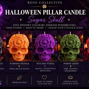 Sugar Skull Pillar Candle, Handmade Halloween Candle, Choose Your Colour & Scent