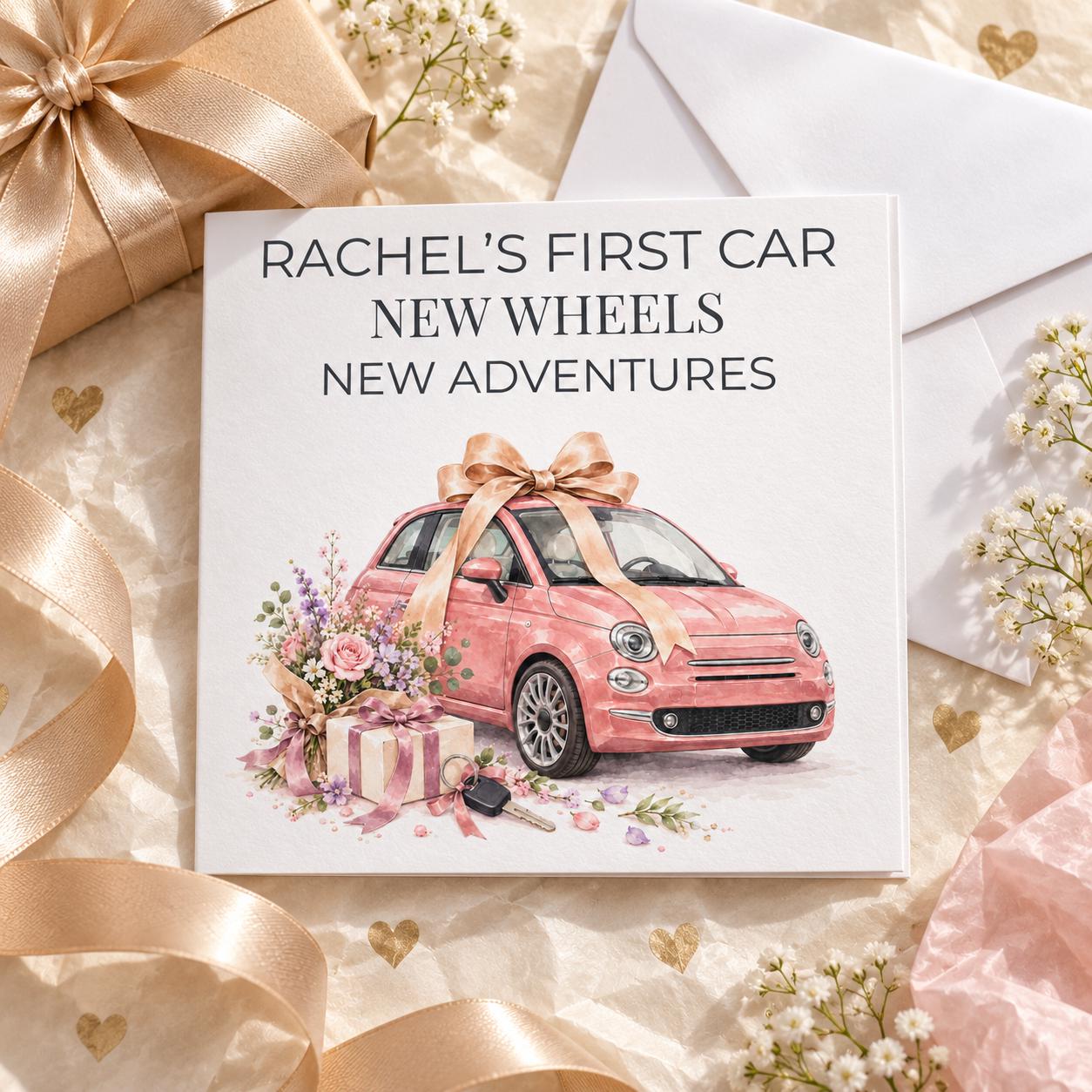 Personalised First Car Card for Her | Pink Car, New Car Congratulations | Any Name - Image 2