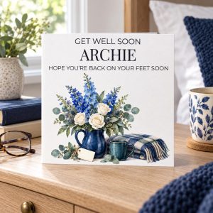 Personalised Get Well Soon Card for Him | Back on Your Feet, Blue Floral | Any Name