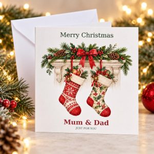 Personalised Christmas Card for a Couple | Stockings on the Mantel | Names or Relations