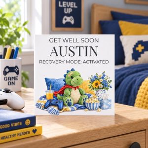 Personalised Get Well Card for a Boy | Recovery Mode Activated, Dinosaur | Any Name