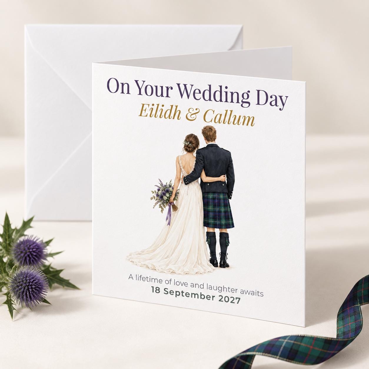 Personalised Scottish Wedding Card | Bride and Groom in Kilt | Names & Wedding Date - Image 3