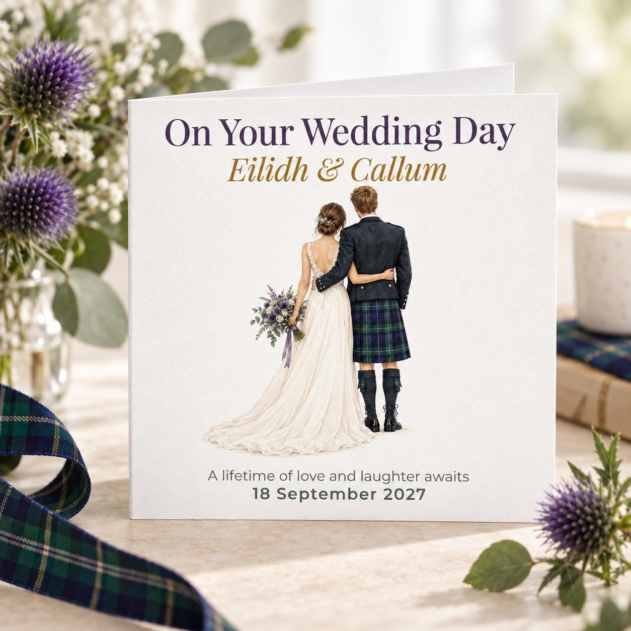 Personalised Scottish Wedding Card | Bride and Groom in Kilt | Names & Wedding Date