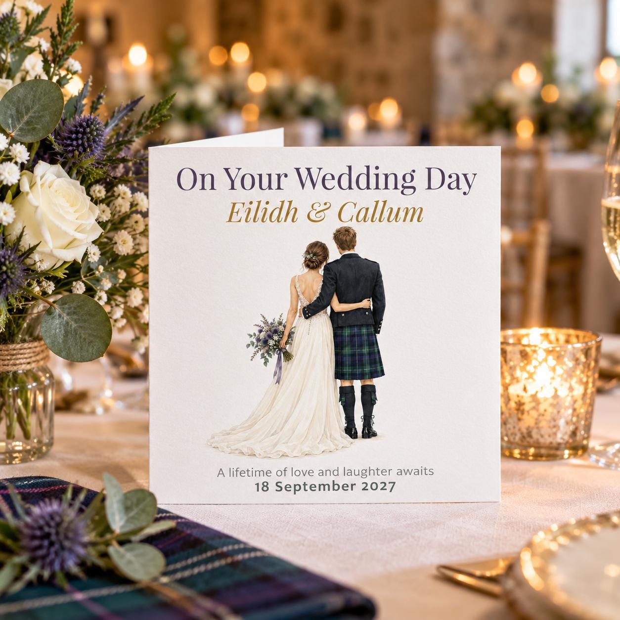 Personalised Scottish Wedding Card | Bride and Groom in Kilt | Names & Wedding Date - Image 4