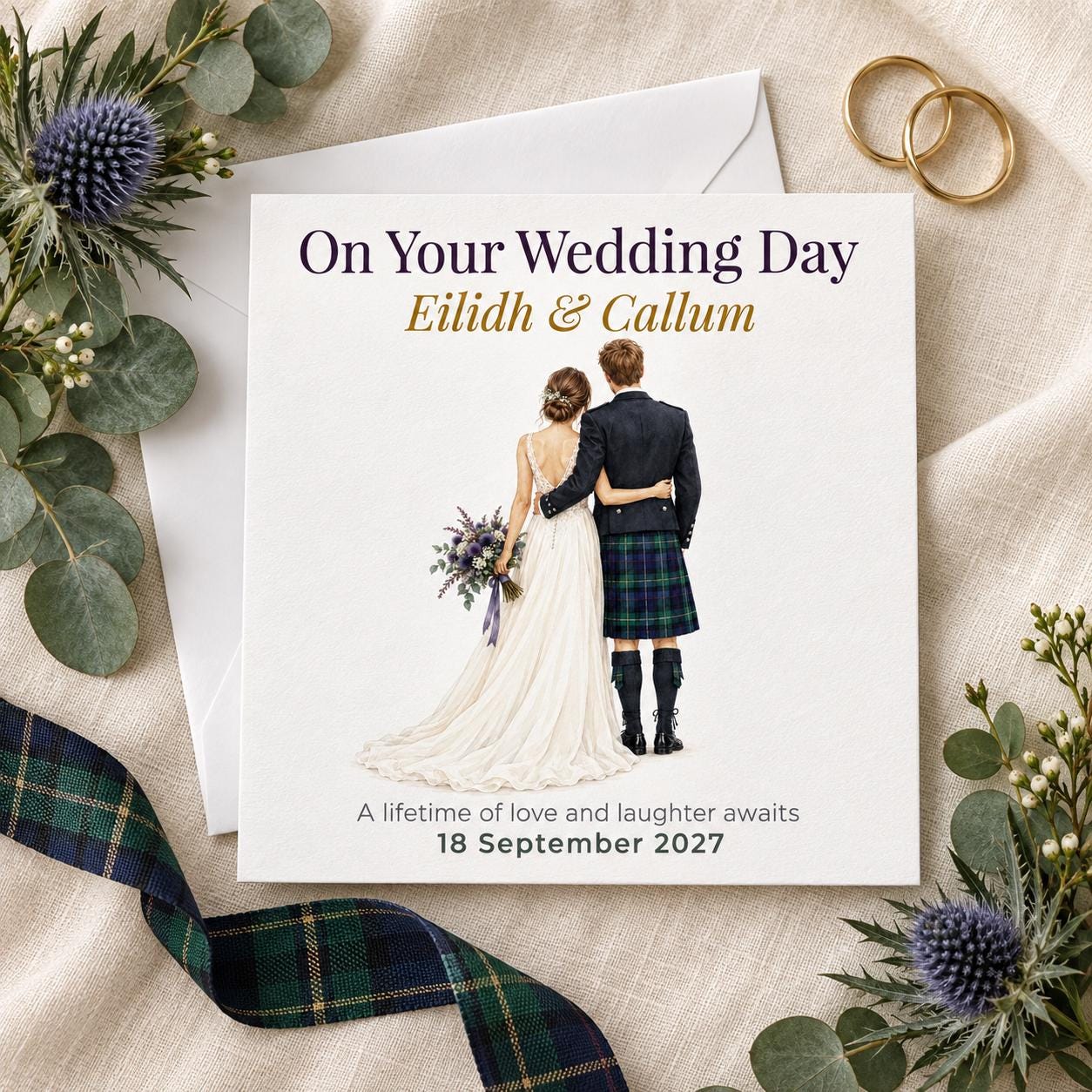 Personalised Scottish Wedding Card | Bride and Groom in Kilt | Names & Wedding Date - Image 2