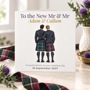 Personalised Scottish Mr and Mr Wedding Card | Kilted Grooms | Names & Wedding Date