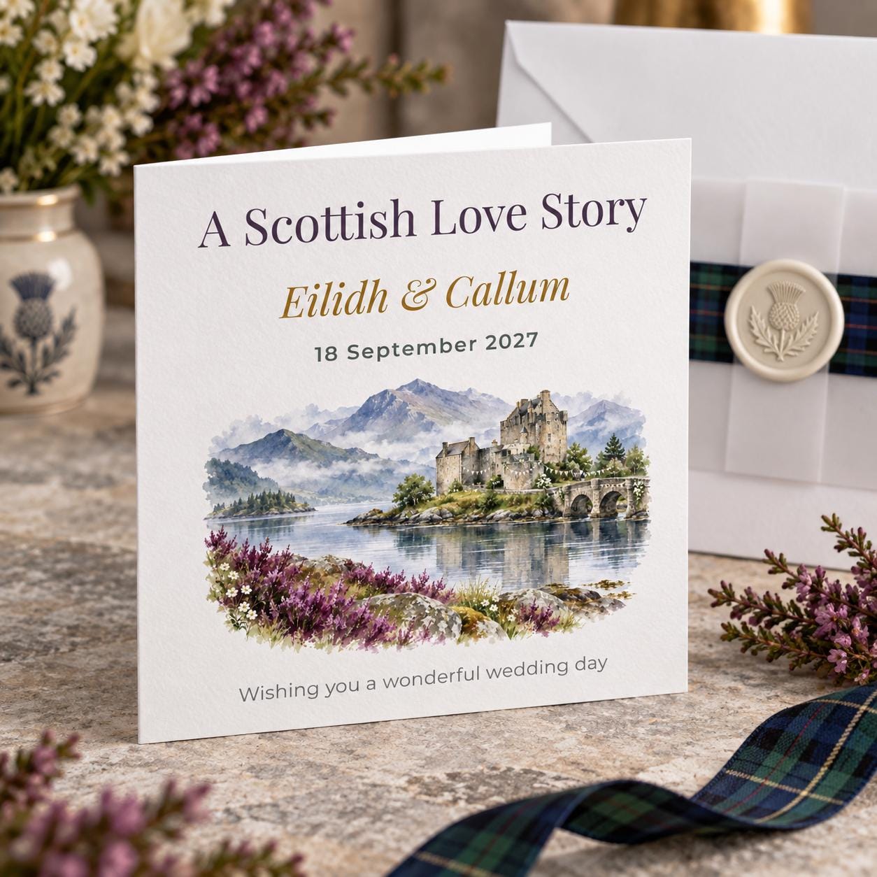 Personalised Scottish Castle Wedding Card | Highland Loch | Couple Names & Date - Image 5