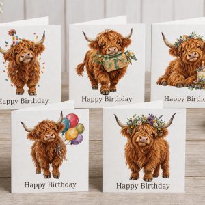Highland Cow Birthday Cards, Pack of 10 Scottish Watercolour Cards