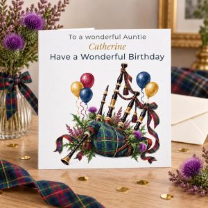 Personalised Scottish Birthday Card for Her, Bagpipes, Tartan & Thistle