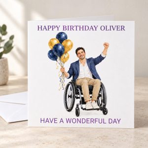 Personalised Wheelchair Birthday Card for Him, Choose Skin Tone & Hair