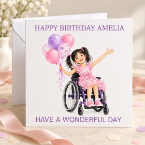 Personalised Wheelchair Birthday Card for a Child, Choose Skin Tone & Hair