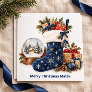 Personalised Wheelchair Christmas Card for a Boy | Navy Stocking | Any Name