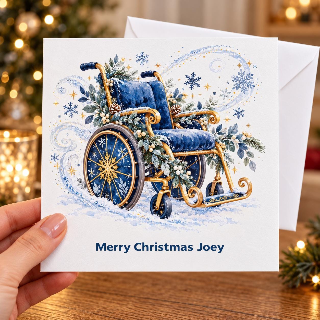 Personalised Wheelchair Christmas Card for a Boy | Blue Snowflake Sleigh | Any Name - Image 2