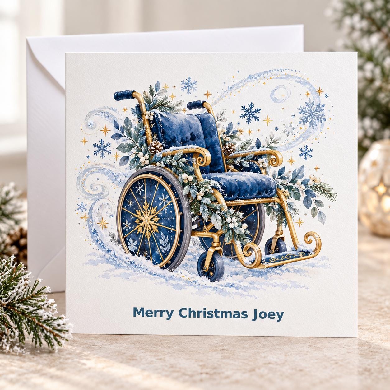 Personalised Wheelchair Christmas Card for a Boy | Blue Snowflake Sleigh | Any Name - Image 4