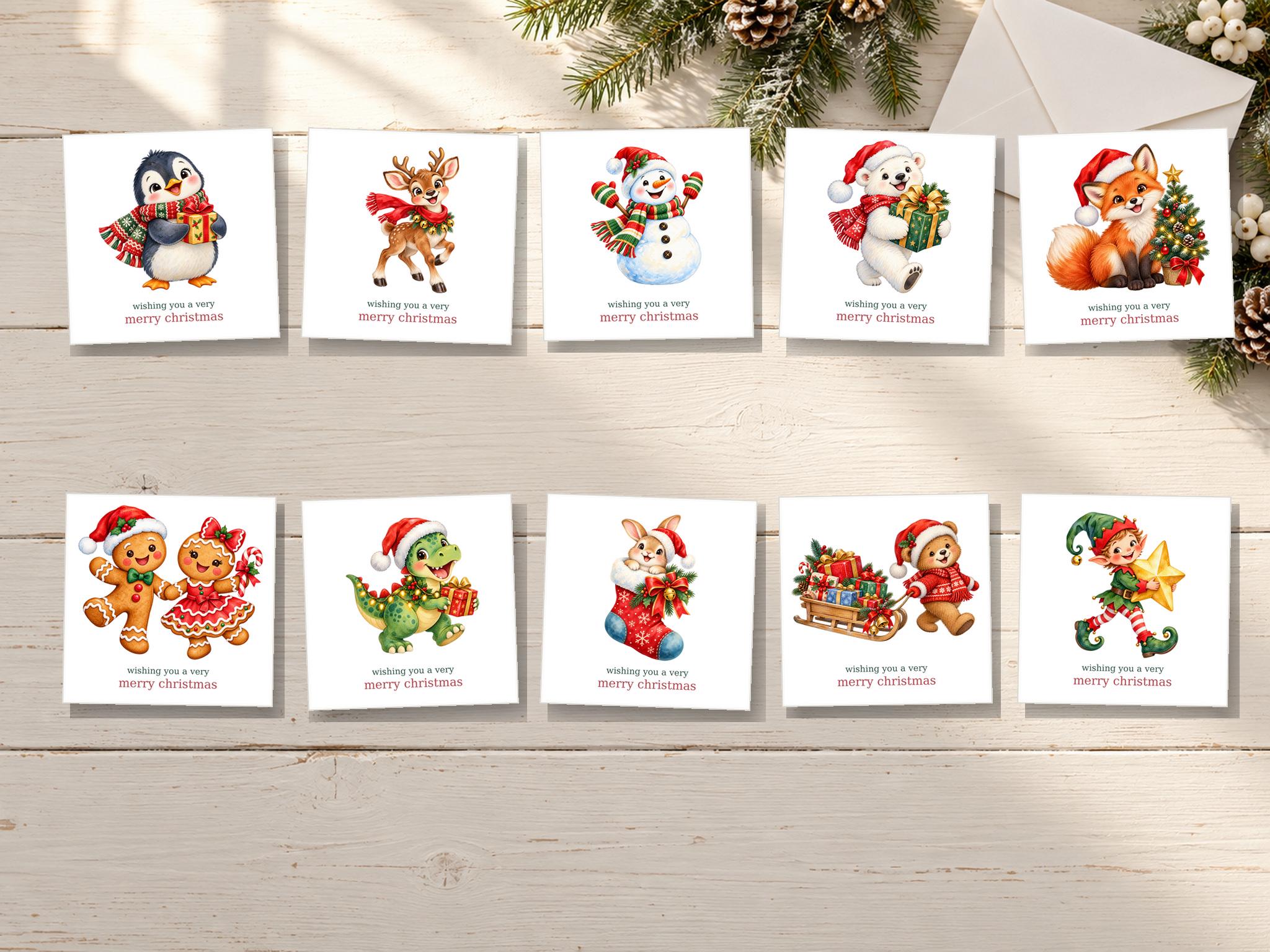 Kids Christmas Cards Pack of 10 | Penguin, Reindeer & Dinosaur | Blank Inside - Image 3